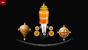 Venkateswara Swamy Temple Iconography with Conch, Chakra, and Crown on Black Background HD wallpaper