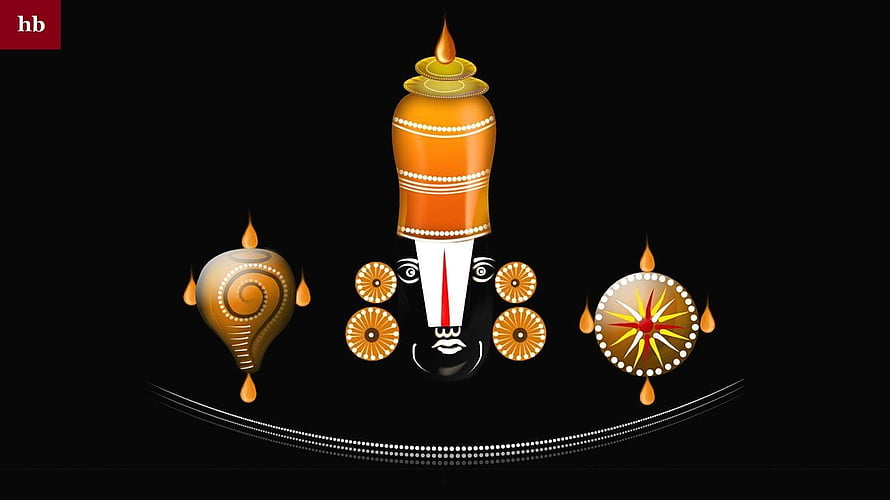 Venkateswara Swamy Temple Iconography with Conch, Chakra, and Crown on Black Background HD wallpaper