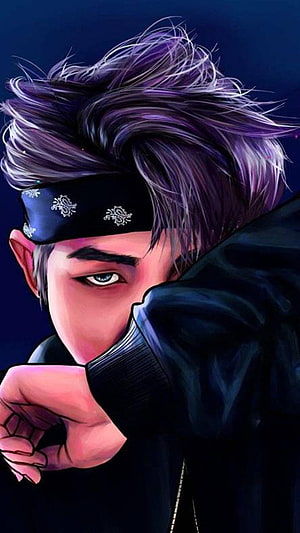 Anime Boy With Purple Hair And Black Bandana Covering Face HD phone wallpaper