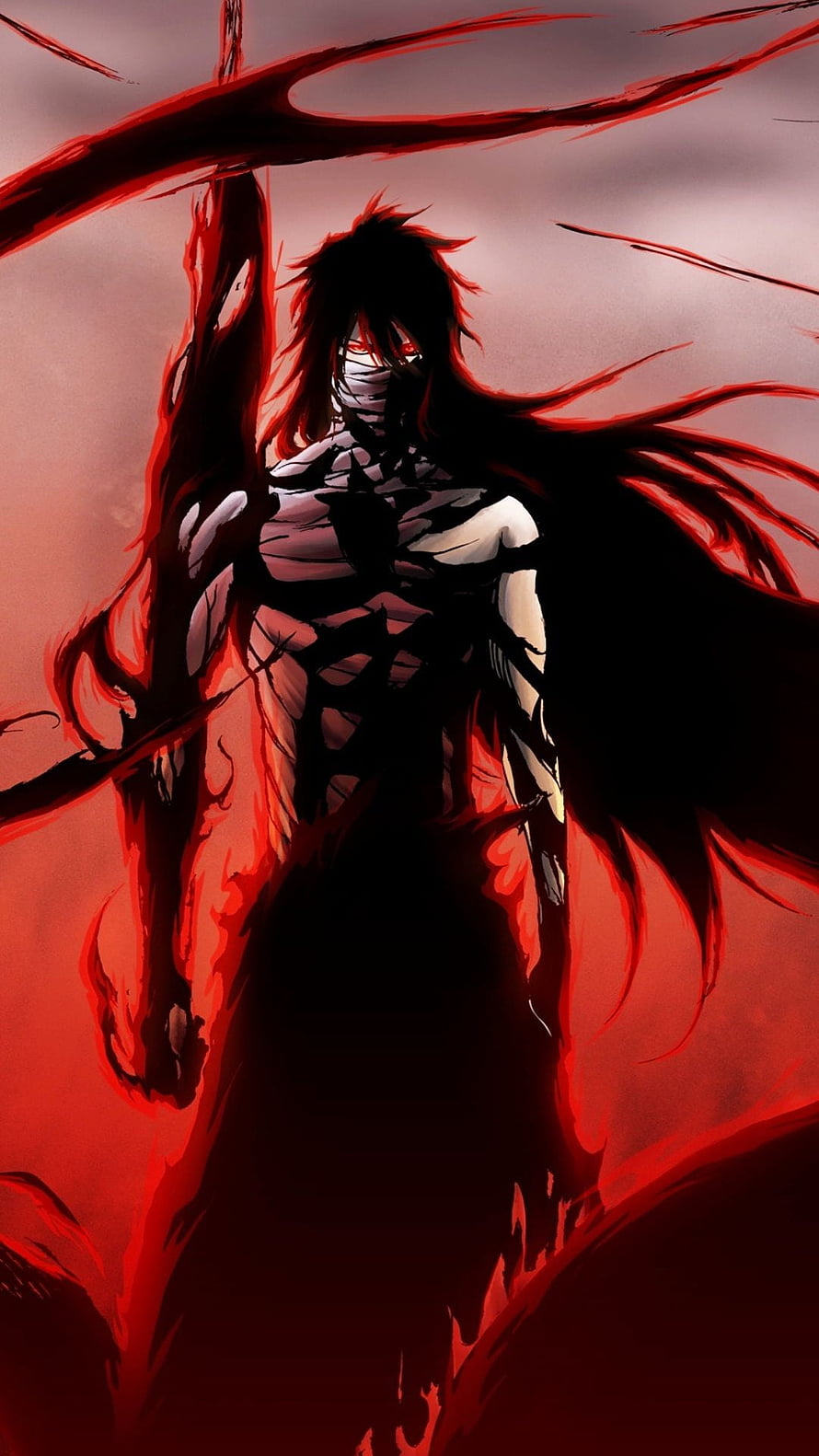 Dark Anime Warrior With Red Energy Aura And Bandaged Face HD phone wallpaper