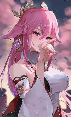 Yae Miko Genshin Impact Anime Wallpaper Pink Hair Fox Ears HD phone wallpaper
