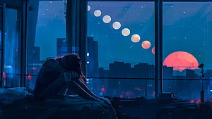 Girl Sitting By Window With Multiple Moons And Red Sun Over City HD wallpaper