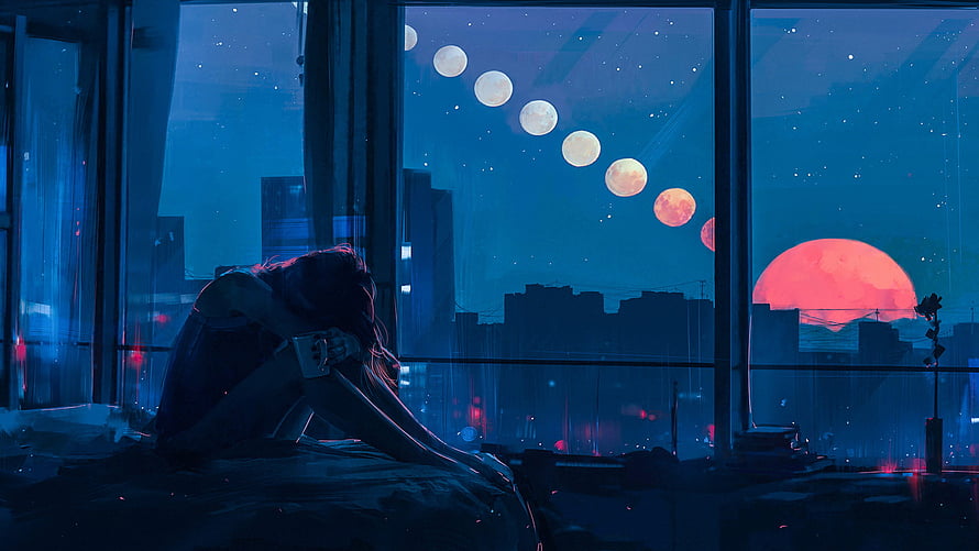 Girl Sitting By Window With Multiple Moons And Red Sun Over City HD wallpaper