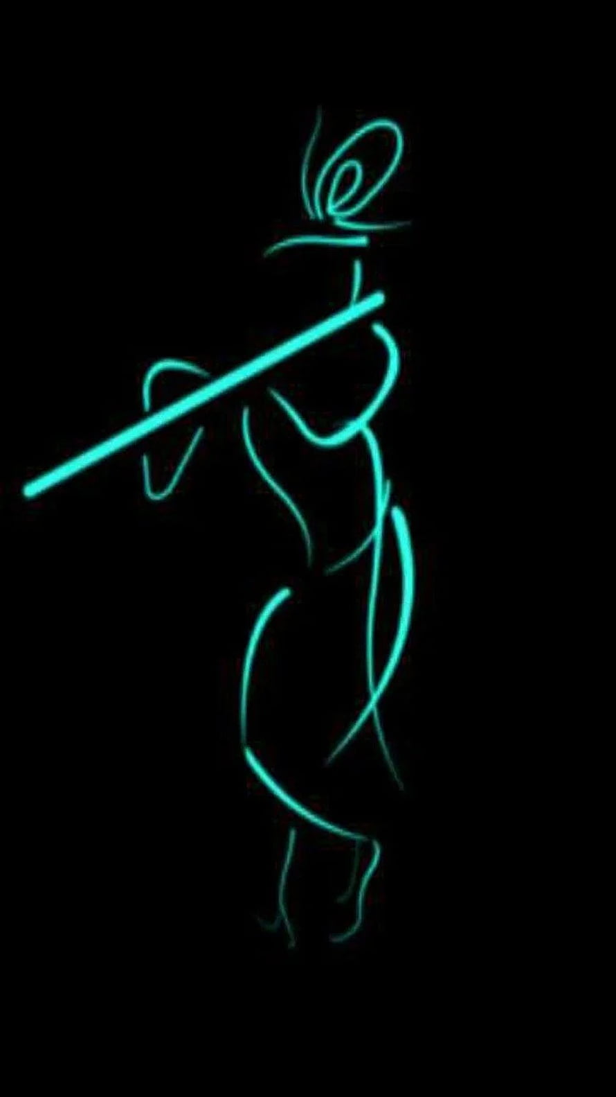 Neon Cyan Light Painting of a Flute Player Silhouette on Black Background HD phone wallpaper