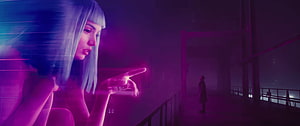Cyberpunk Anime Girl Pointing at Distant Figure in Neon Purple Cityscape HD wallpaper