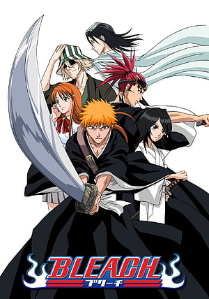 Bleach Anime Group Poster Featuring Ichigo Kurosaki and Soul Reapers in Action HD phone wallpaper