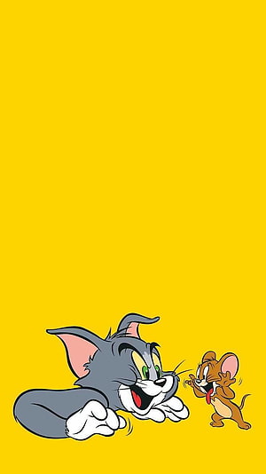 Tom and Jerry Laughing Together on Bright Yellow Background HD phone wallpaper