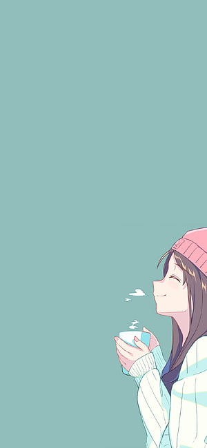 Cute Anime Girl in Pink Beanie Enjoying a Warm Drink in Profile View HD phone wallpaper