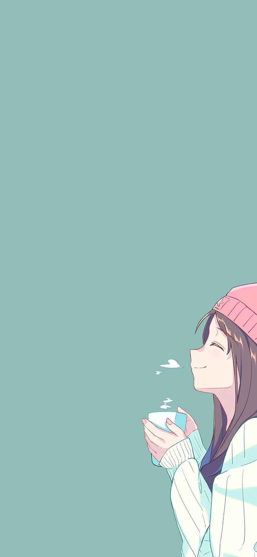 Cute Anime Girl in Pink Beanie Enjoying a Warm Drink in Profile View HD phone wallpaper