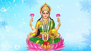 Goddess Lakshmi Sitting on Lotus with Pot of Gold and Flowers HD wallpaper