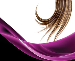 Elegant flowing hair with purple silk ribbon on white background HD wallpaper
