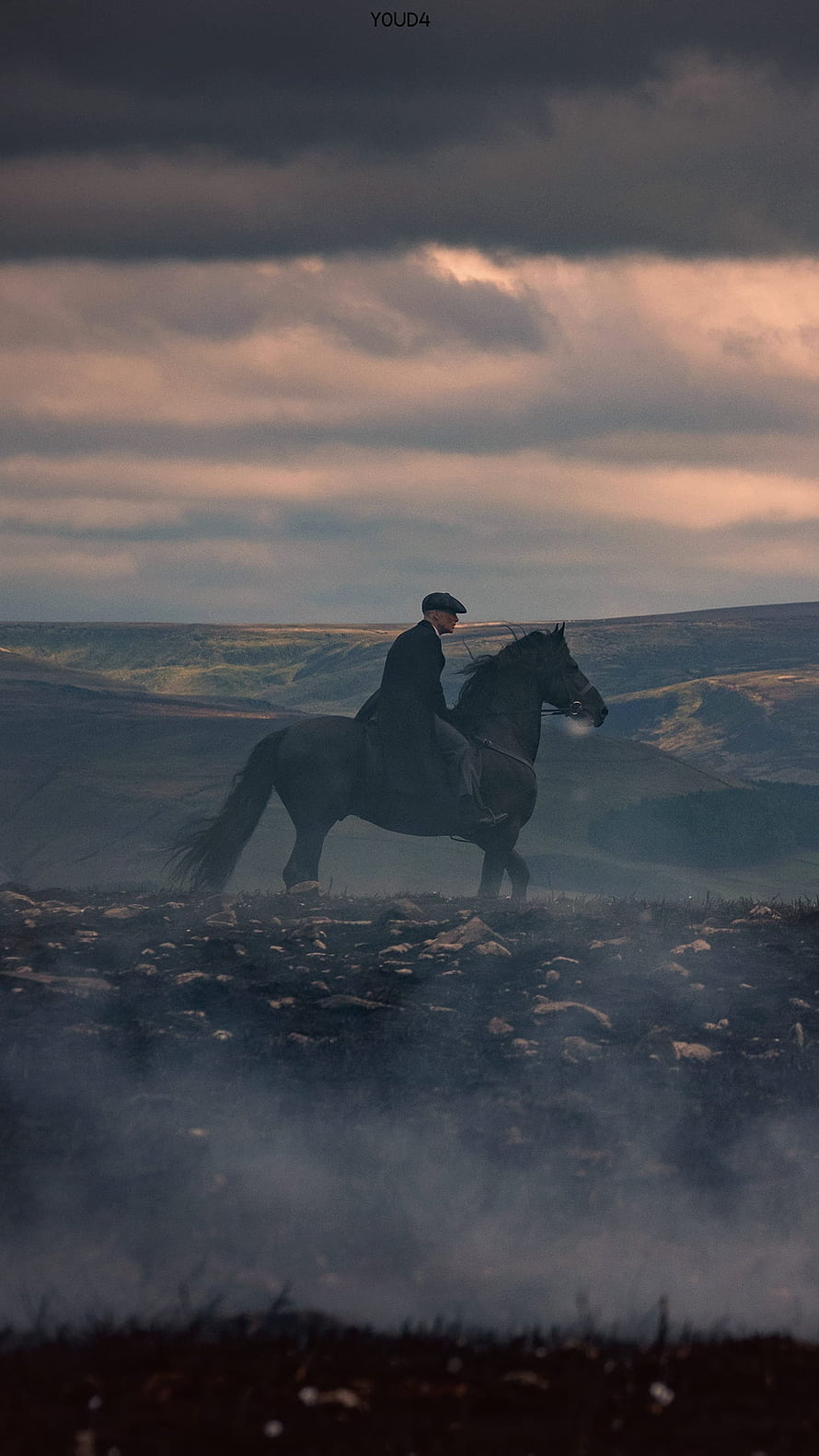 Man Riding Black Horse on Misty Mountain Ridge at Sunset, peaky blinders thomas shelby, #Peaky Blinders HD phone wallpaper