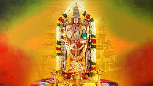 Lord Venkateswara deity adorned with flowers and gold ornaments at Tirumala temple HD wallpaper