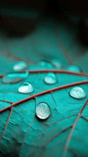 Macro Photography of Water Droplets on a Teal Leaf with Red Veins HD phone wallpaper