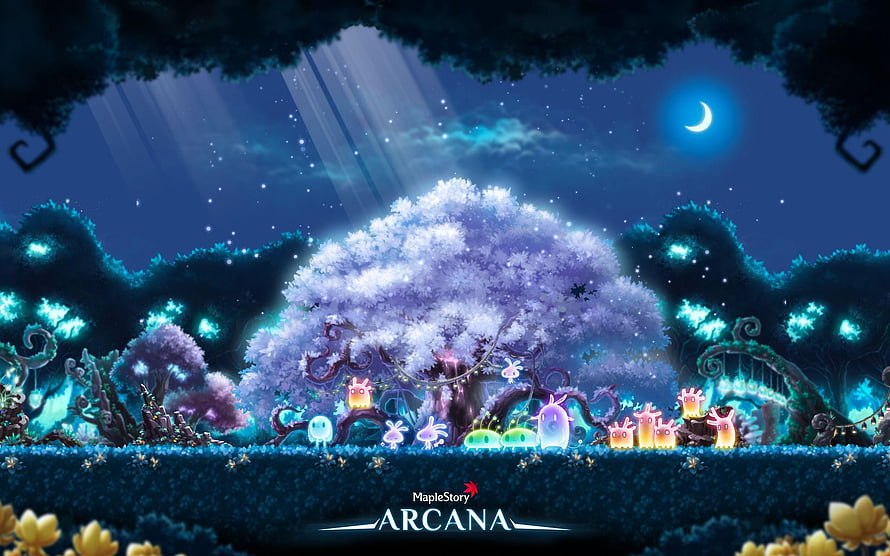 MapleStory Arcana Enchanted Night Forest with Glowing Creatures and Moonlit Sky HD wallpaper