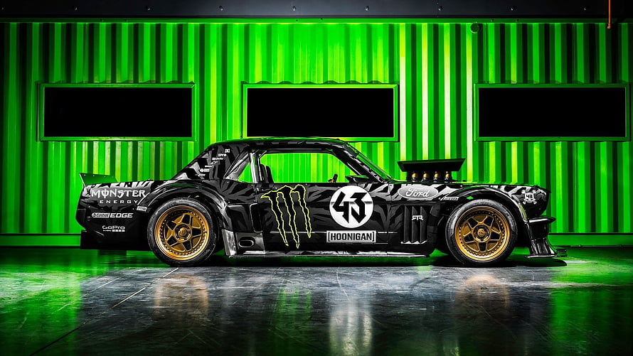 Ken Block Hoonicorn Ford Mustang RTR Gymkhana Car with Monster Energy Livery HD wallpaper