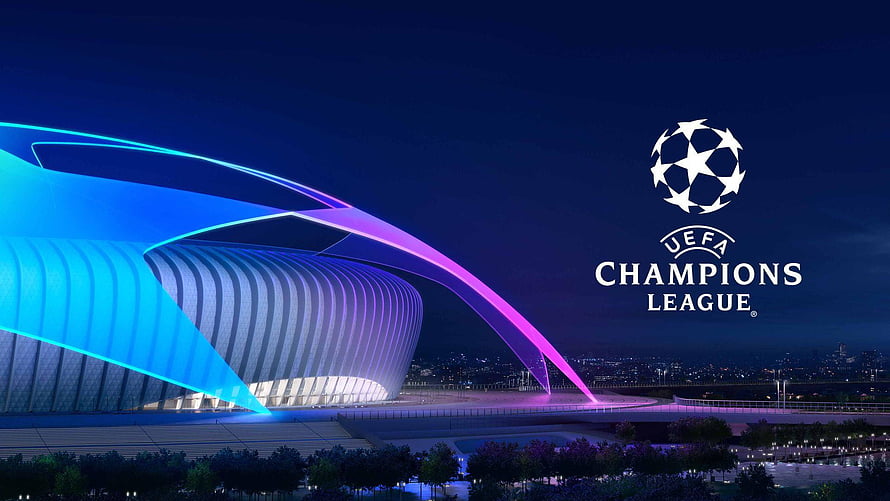 UEFA Champions League Logo Over Modern Stadium at Night with Neon Lighting HD wallpaper