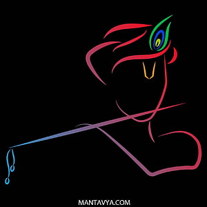 Minimalist Krishna Line Art with Flute and Peacock Feather on Black Background HD phone wallpaper