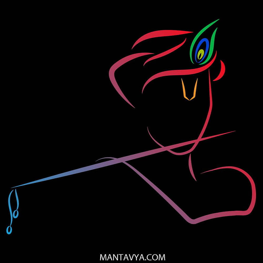 Minimalist Krishna Line Art with Flute and Peacock Feather on Black Background HD phone wallpaper