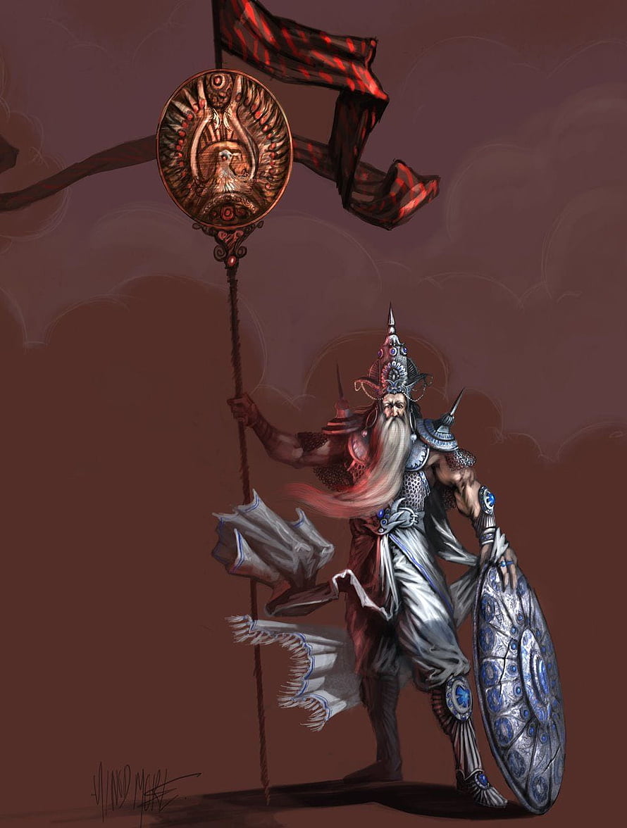 Bhishma Concept Art: Armored Warrior with Ornate Banner and Shield HD phone wallpaper