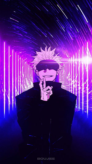 Gojo Satoru from Jujutsu Kaisen in a neon purple tunnel with glowing light streaks and a confident smirk HD phone wallpaper