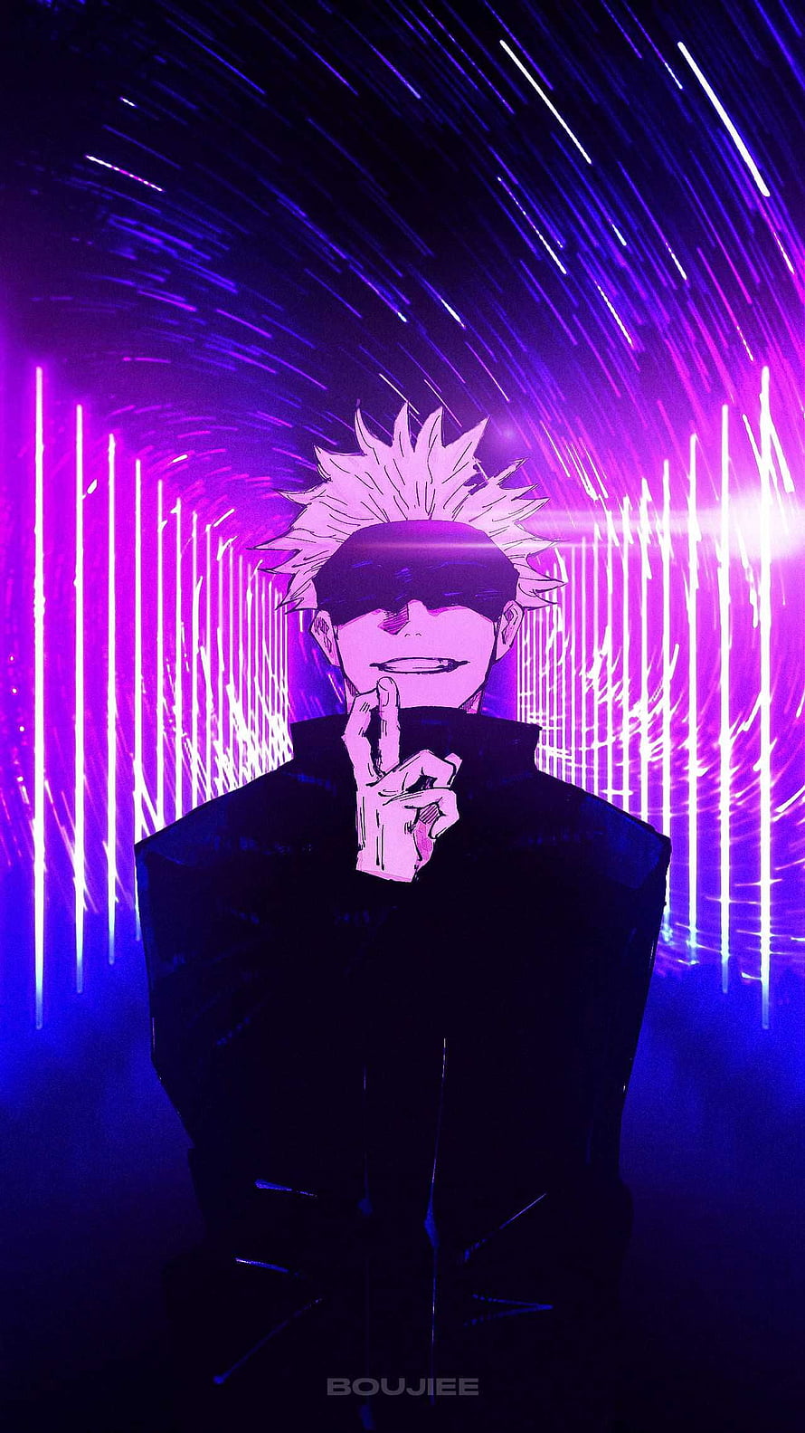 Gojo Satoru from Jujutsu Kaisen in a neon purple tunnel with glowing light streaks and a confident smirk HD phone wallpaper