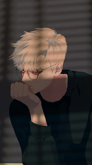 Anime Boy With Glasses And Blonde Hair In Shadowy Room HD phone wallpaper