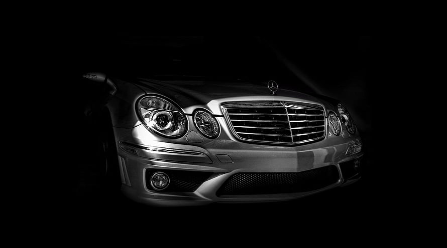 Mercedes-Benz W211 E55 AMG Front Fascia in Dramatic Black and White Lighting HD wallpaper