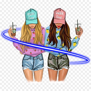 Best Friends Forever Illustration of Two Girls in Caps Holding Coffee Cups HD phone wallpaper