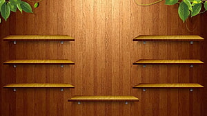 Empty Wooden Wall Shelves Against Warm Wood Paneling With Green Leaf Accents HD wallpaper