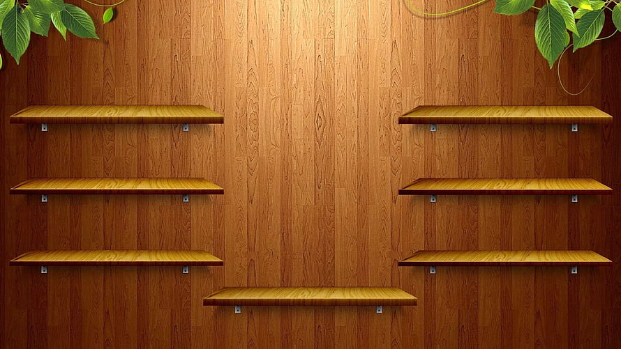 Empty Wooden Wall Shelves Against Warm Wood Paneling With Green Leaf Accents HD wallpaper