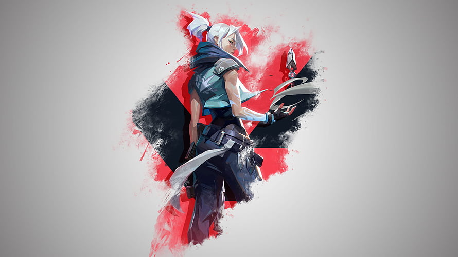 Valorant Jett Character Artwork with Red and Black Brushstroke Background HD wallpaper