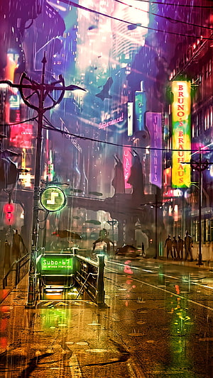 Rainy Cyberpunk City Street with Neon Signs and Subway Entrance HD phone wallpaper