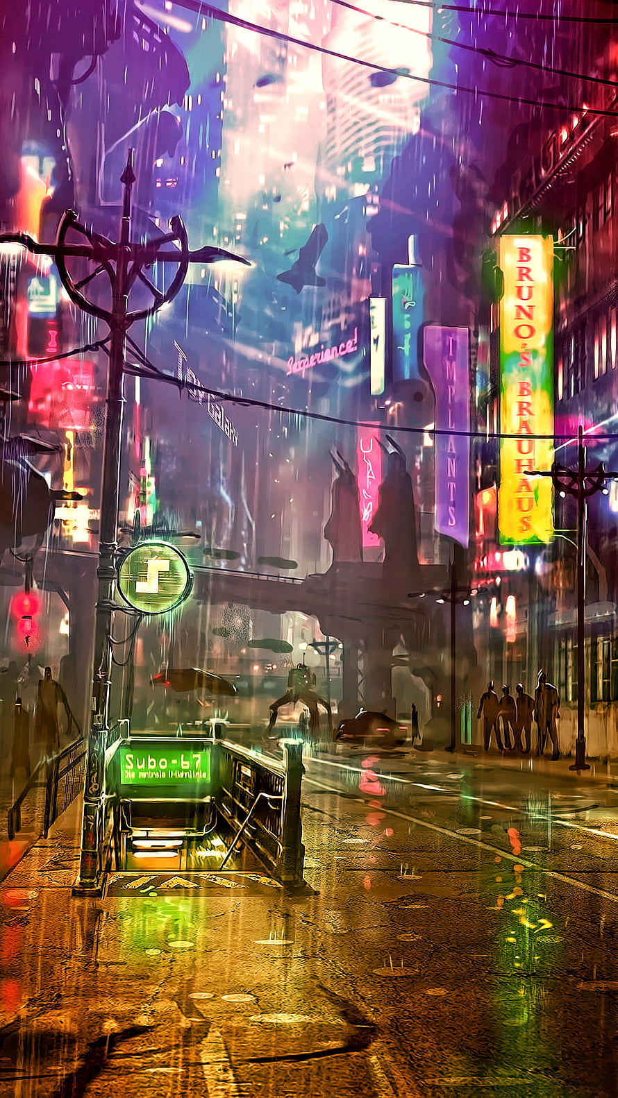 Rainy Cyberpunk City Street with Neon Signs and Subway Entrance HD phone wallpaper