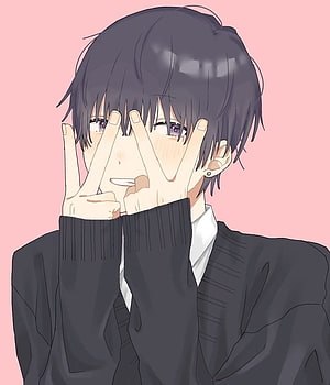 Anime Boy With Dark Hair Covering Face With Hands On Pink Background HD phone wallpaper