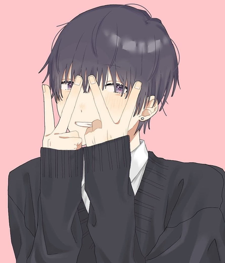 Anime Boy With Dark Hair Covering Face With Hands On Pink Background HD phone wallpaper