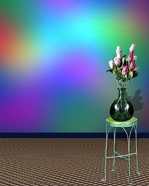Pink Roses in Green Glass Vase on Metal Stool Against Rainbow Gradient Background HD phone wallpaper