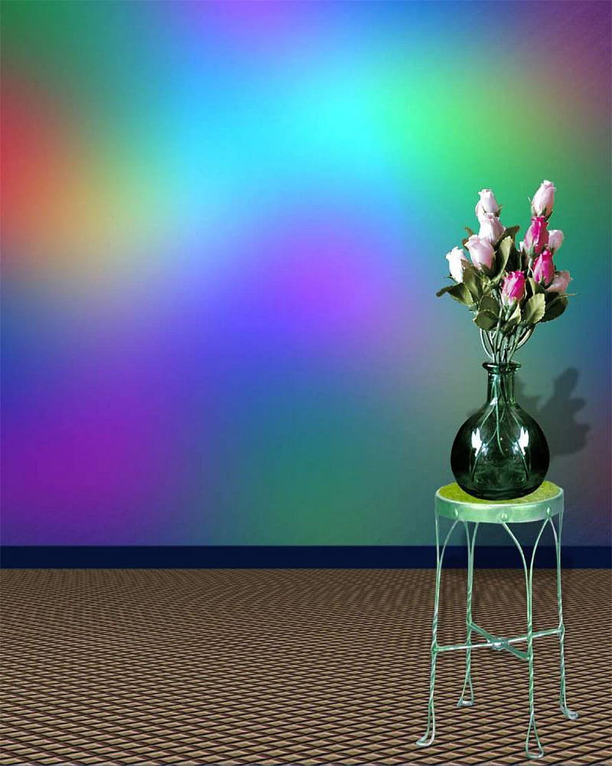 Pink Roses in Green Glass Vase on Metal Stool Against Rainbow Gradient Background HD phone wallpaper