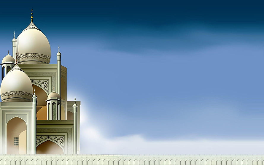 Illustrated Islamic Mosque with Ornate Domes and Minarets Against a Blue Sky HD wallpaper