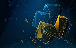 Abstract Geometric Low Poly Crystals in Blue and Gold on Dark Background HD wallpaper