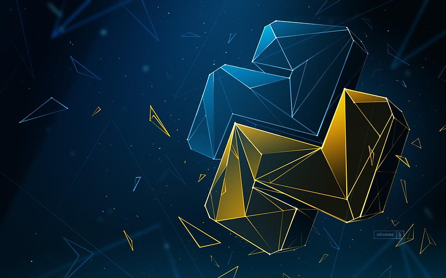Abstract Geometric Low Poly Crystals in Blue and Gold on Dark Background HD wallpaper