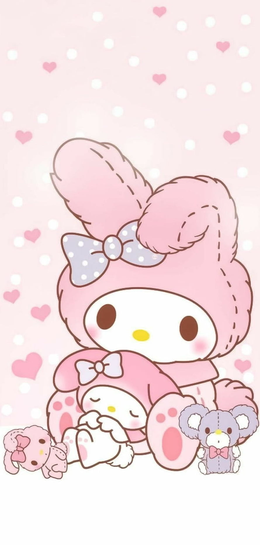 My Melody and Friends Cuddling in a Soft Pink Kawaii Illustration HD phone wallpaper