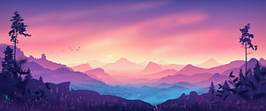Purple Mountain Valley at Sunset with Silhouetted Pine Trees and Misty Peaks HD wallpaper