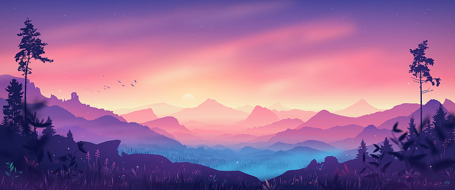 Purple Mountain Valley at Sunset with Silhouetted Pine Trees and Misty Peaks HD wallpaper