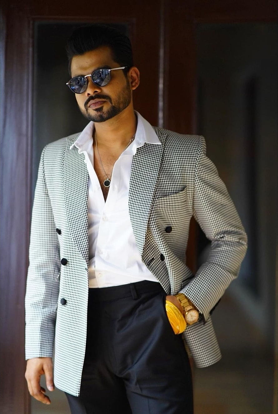Arjan Dhillon in a houndstooth blazer, white shirt, and sunglasses HD phone wallpaper