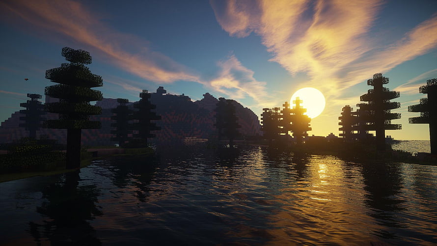 Minecraft Realistic Shaders Sunset Over Water With Blocky Trees and Mountains HD wallpaper