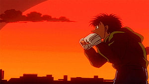 Hajime No Ippo anime scene of a boxer drinking from a cup against a fiery red sunset sky HD wallpaper