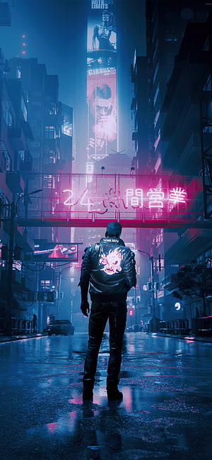 Cyberpunk 2077 Samurai Jacket Character Standing in Neon-Lit Rainy City Street at Night HD phone wallpaper