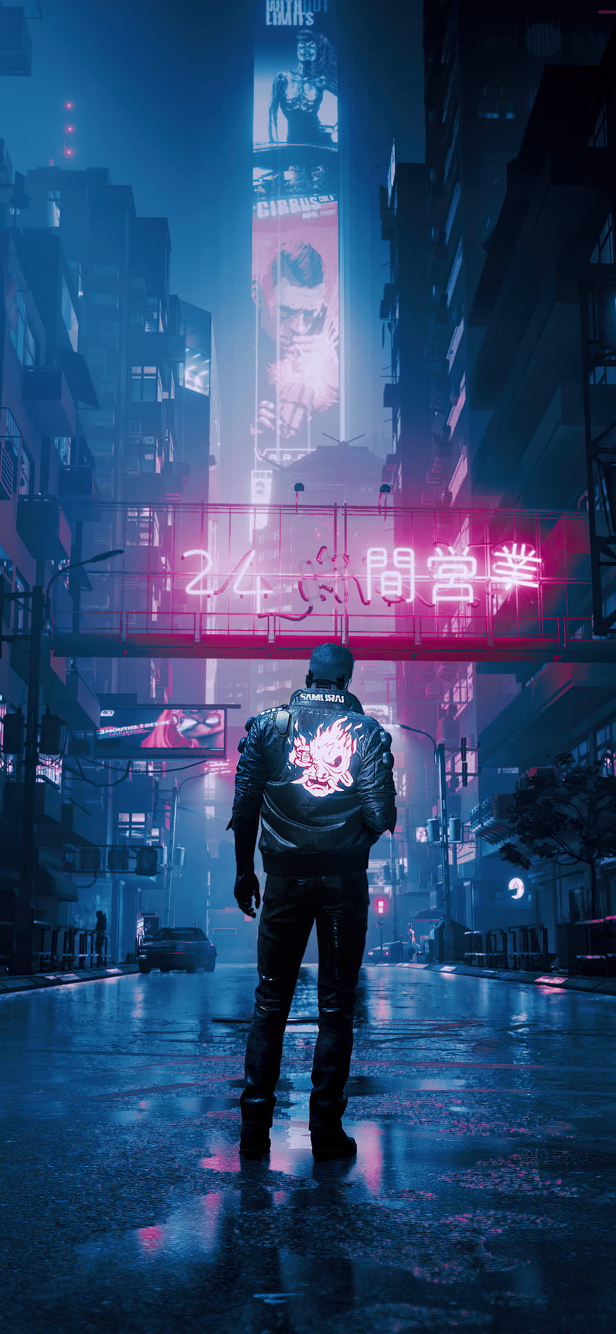 Cyberpunk 2077 Samurai Jacket Character Standing in Neon-Lit Rainy City Street at Night HD phone wallpaper