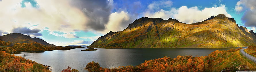 Panoramic View of Lofoten Islands Norway with Autumn Foliage and Dramatic Clouds HD wallpaper